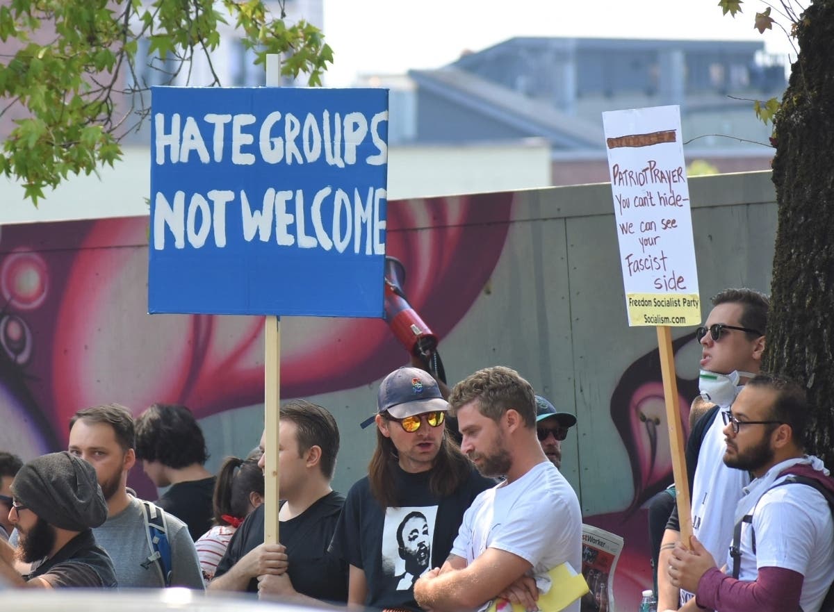 Counter-protesters at a Patriot Prayer rally in downtown Seattle in August 2018.