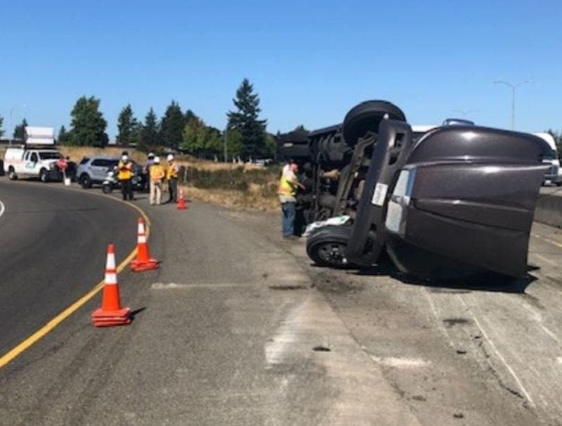 WSDOT crews cleaning up a rolled-over semi near SR 512 in Lakewood on Aug. 26. 