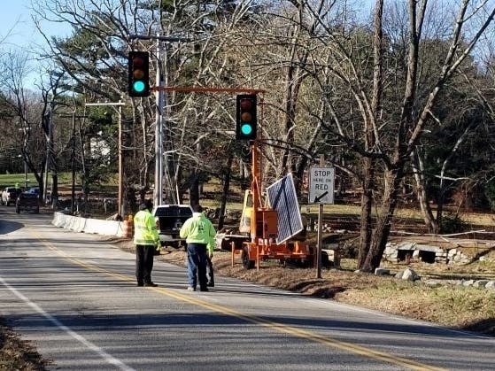 The temporary traffic light along the Wayside Inn Road bridge in Sudbury. 