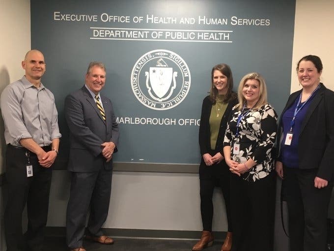 From left to right: Rob Semour, DPH; Marlborough Mayor Arthur Vigeant; Marlborough Economic Development Corporation director​ Meredith Harris; Melissa Pardee and Elizabeth Kelley, both of DPH.
