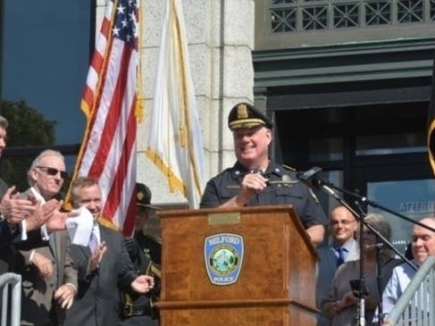 Thomas O'Loughlin at a goodbye ceremony on the steps of the police station in June. 