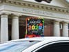 A car decorated outside Natick High School before the parades began. 