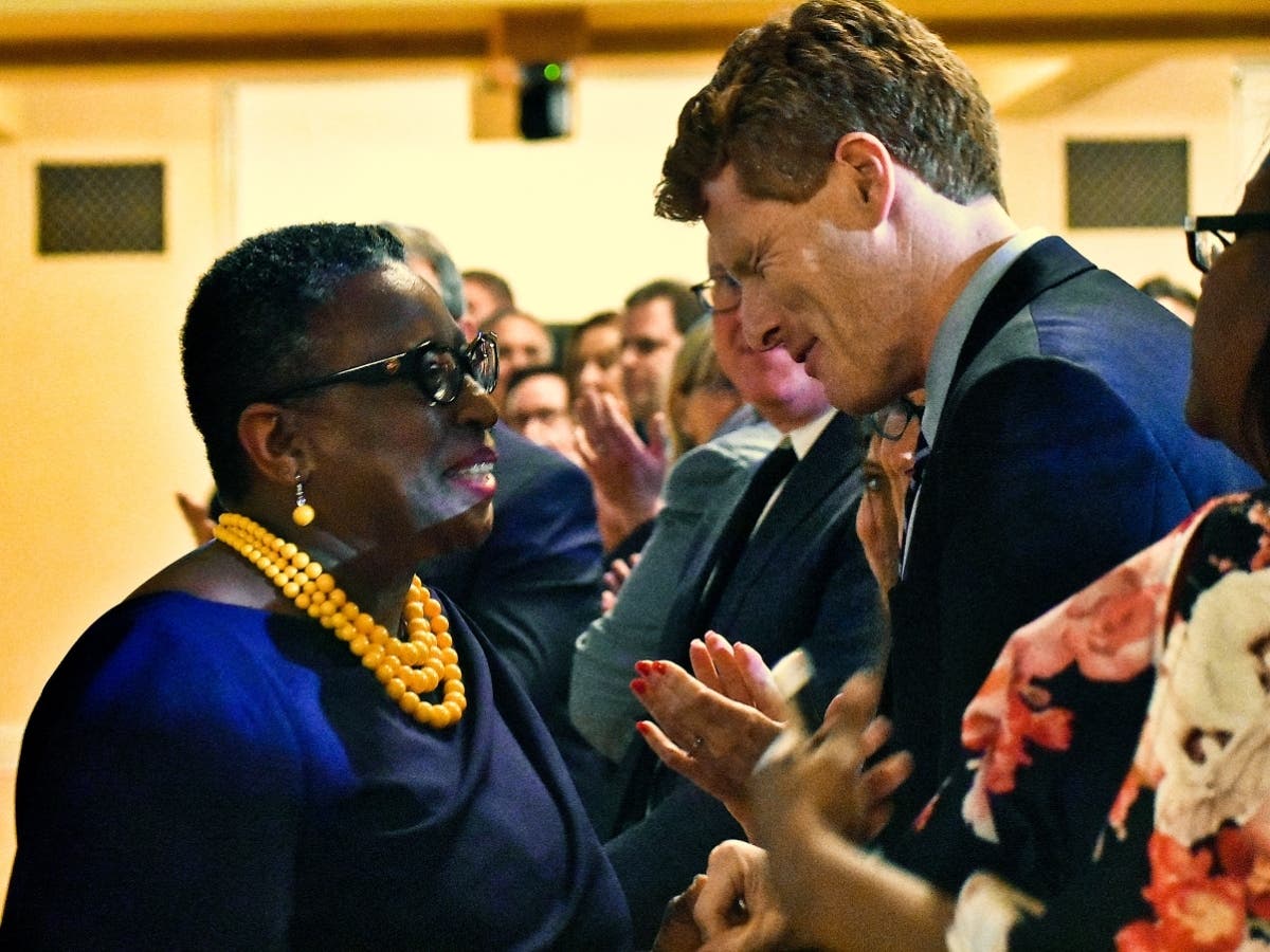 Framingham Mayor Yvonne Spicer and U.S. Rep. Joe Kennedy III at the 2020 state-of-the-city speech.