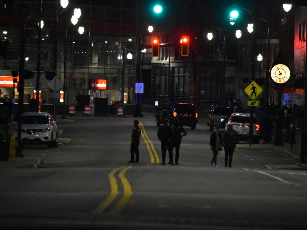 Worcester police near City Hall on June 1, about an hour before a protest march in the Main South neighborhood turned violent.