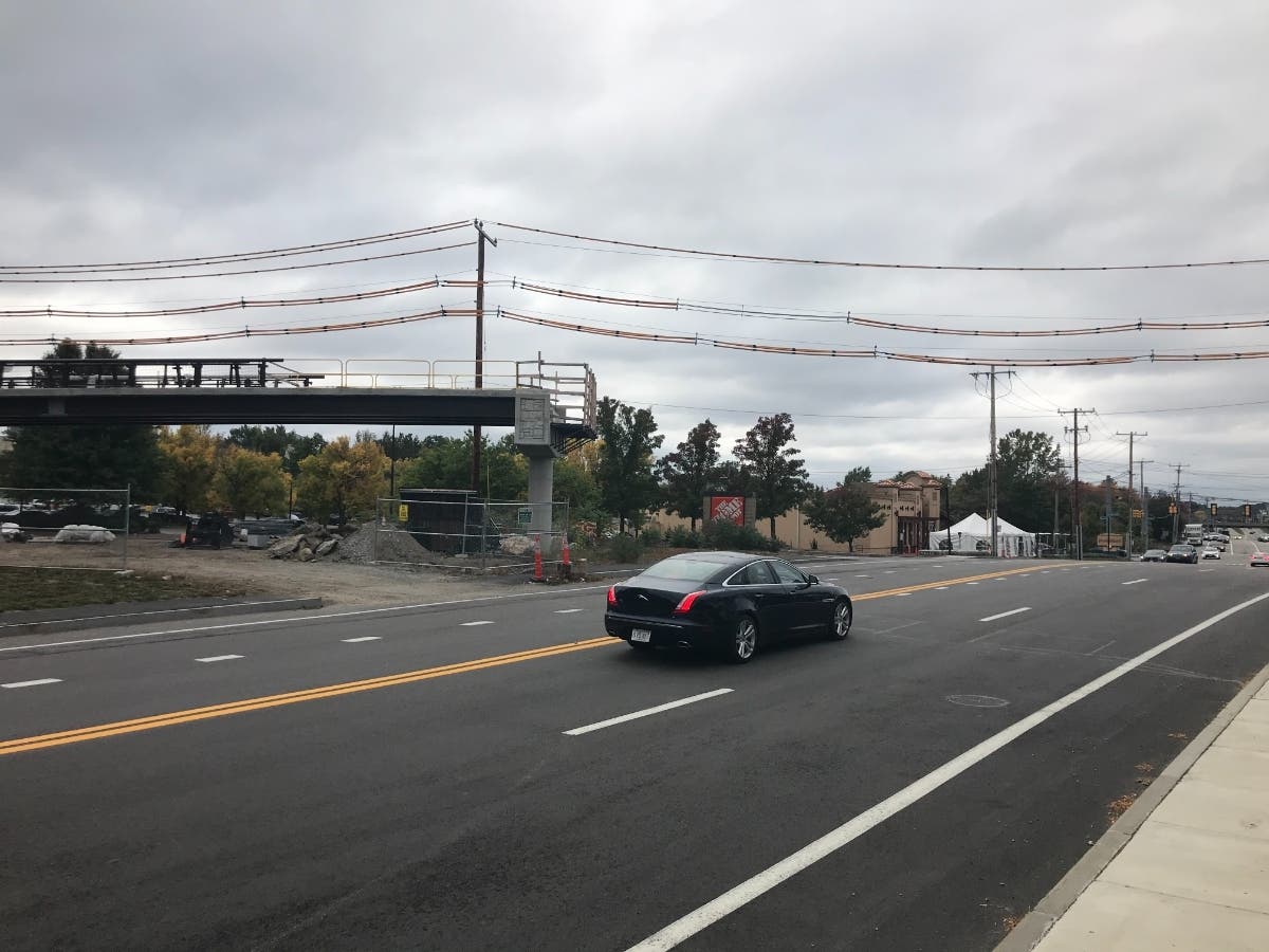 Where the Cochituate Rail Trail crosses Route 30 in Framingham near the TJX headquarters.