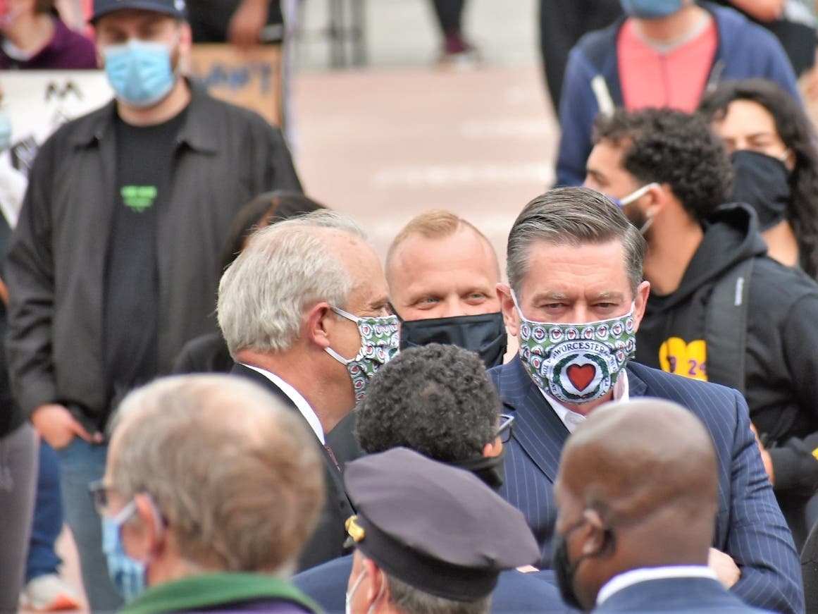 Worcester City Manager Edward Augustus Jr. (r) and Mayor Joseph Petty (l) at a June rally near City Hall.