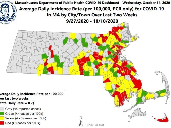 Natick is now shaded yellow on the state's coronavirus risk map, an indication that coronavirus cases are rising.