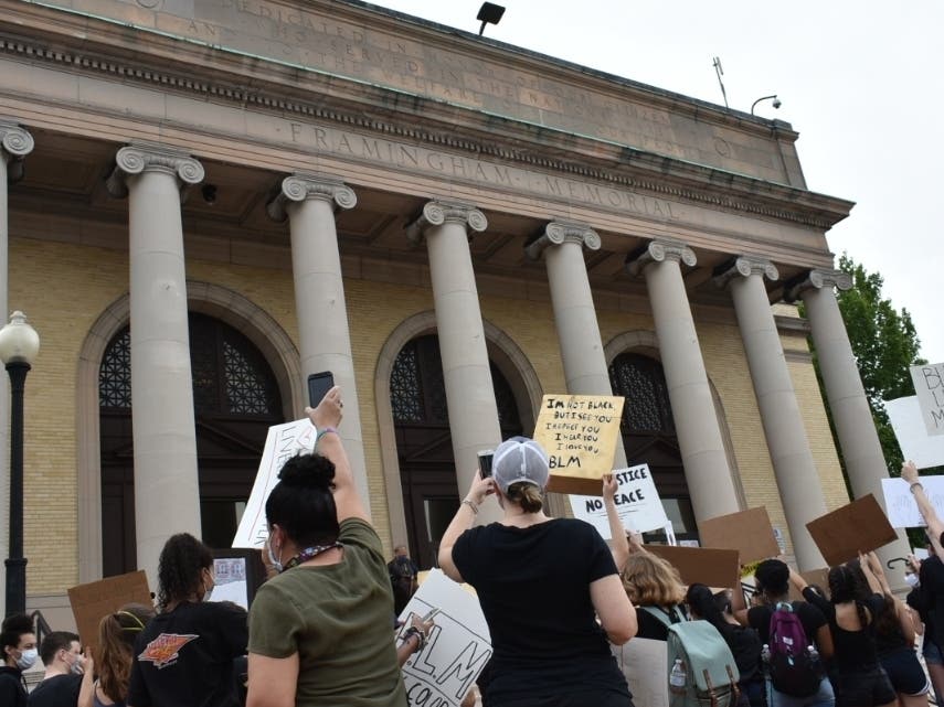 A Black Lives Matter rally at Framingham's Memorial Hall over the summer. 