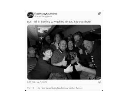 Suzanne Ianni (left) poses in a charter bus on its way to Washington, D.C., for the Jan. 6 "Stop the Steal" rally.