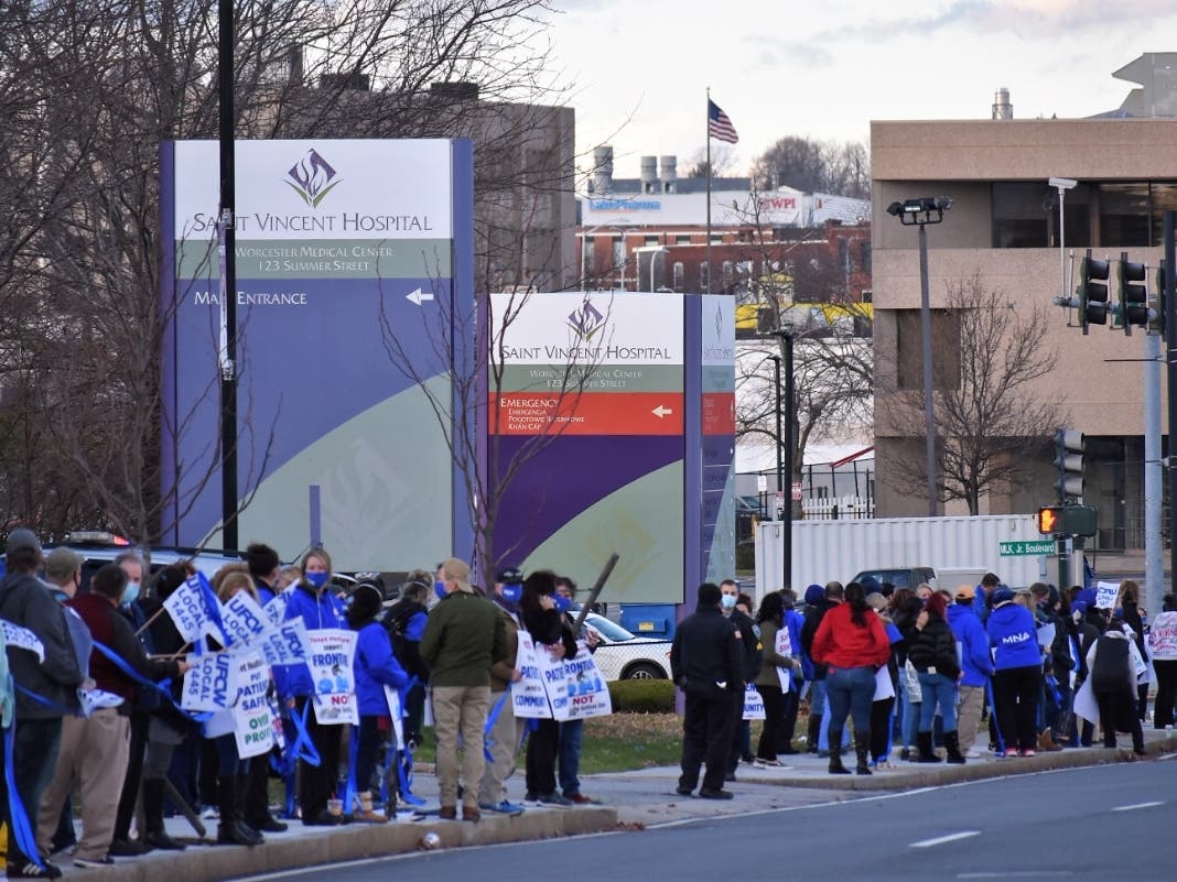 Saint Vincent nurses picketing in December outside the Worcester hospital.