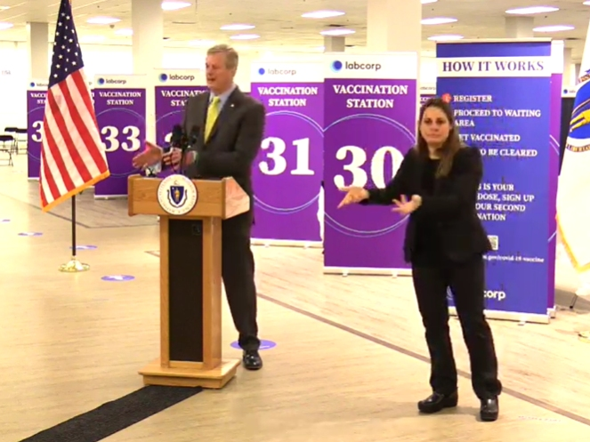 Gov. Charlie Baker on Wednesday toured a former Sears at the Natick Mall that's now a vaccine supersite. 