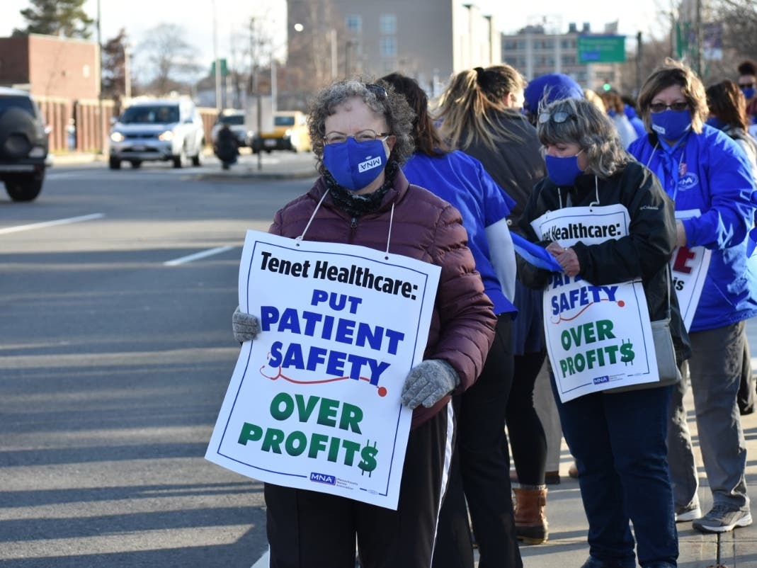 A December rally outside St. Vincent Hospital featuring dozens of nurses. 
