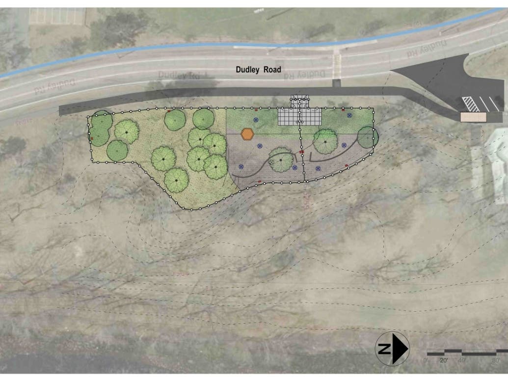 A conceptual dog park design at Farm Pond Park just south of the skate park. 