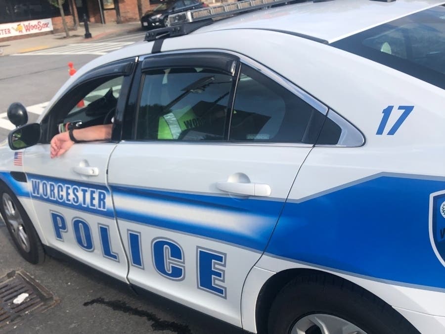 A photo Worcester resident Nathan Sabo took of a police officer sitting in a patrol car outside a WooSox game. Sabo says an officer approached him on the street Sunday and called him a "coward" for taking the photos.