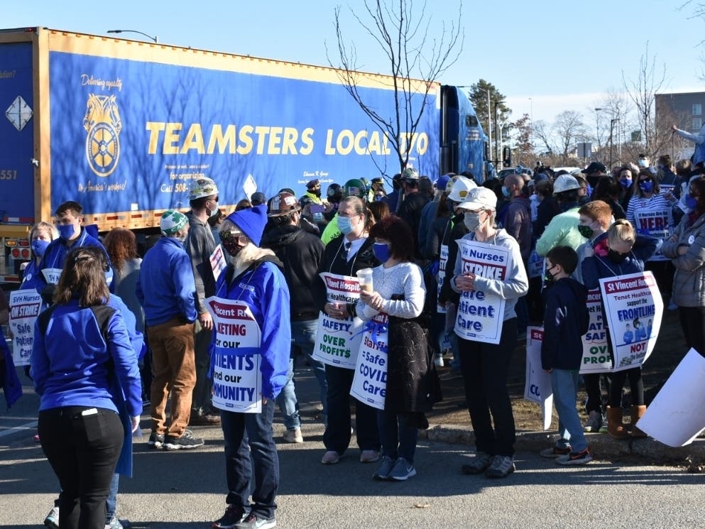 A rally at the St. Vincent nurses strike line this spring. 