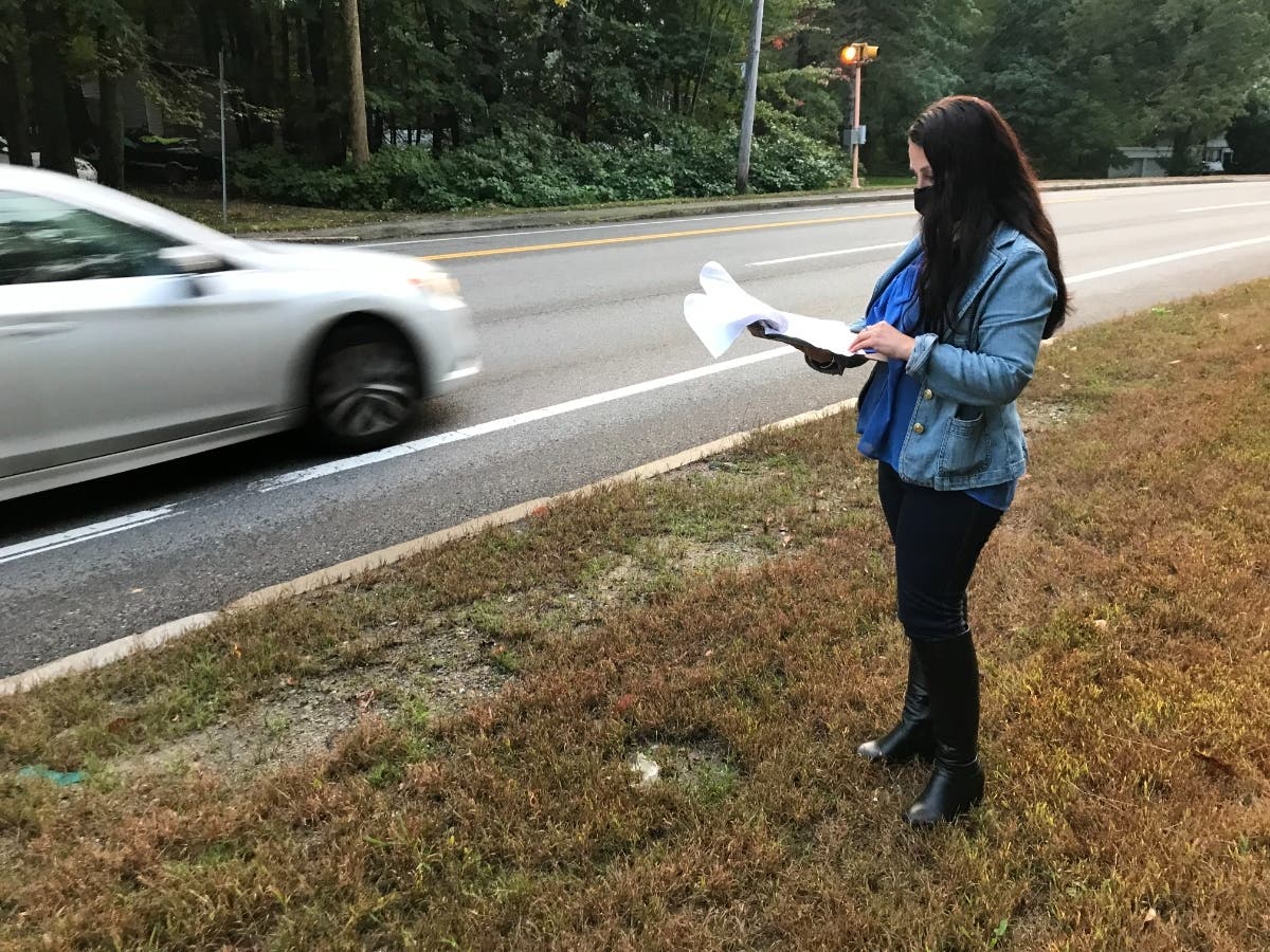 Etel Haxhiaj canvasses in the neighborhoods along Pleasant Street/Route 122, where cars speed past with no crosswalks in sight — a main problem highlighted by many voters, Haxhiaj says. 