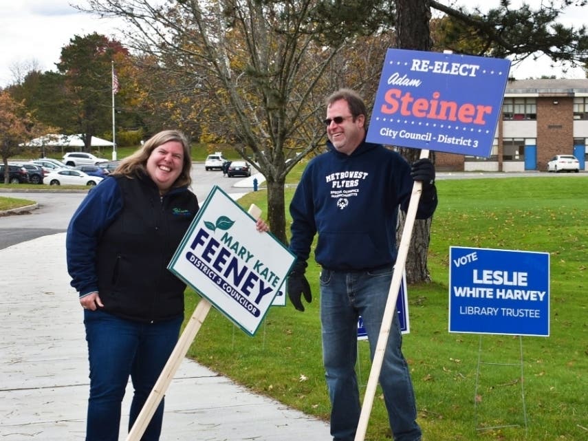 Mary Kate Feeney and incumbent District 3 Councilor Adam Steiner on Election Day in Framingham.
