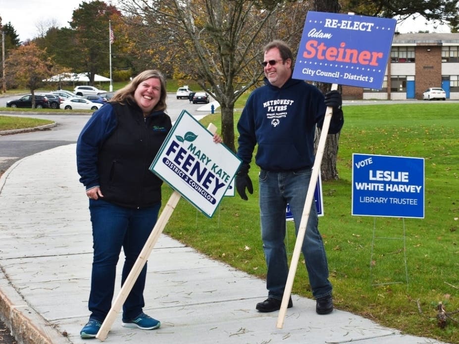 District 3 Council candidate Mary Kate Feeney (l) and incumbent Adam Steiner campaigning on Nov. 2. 
