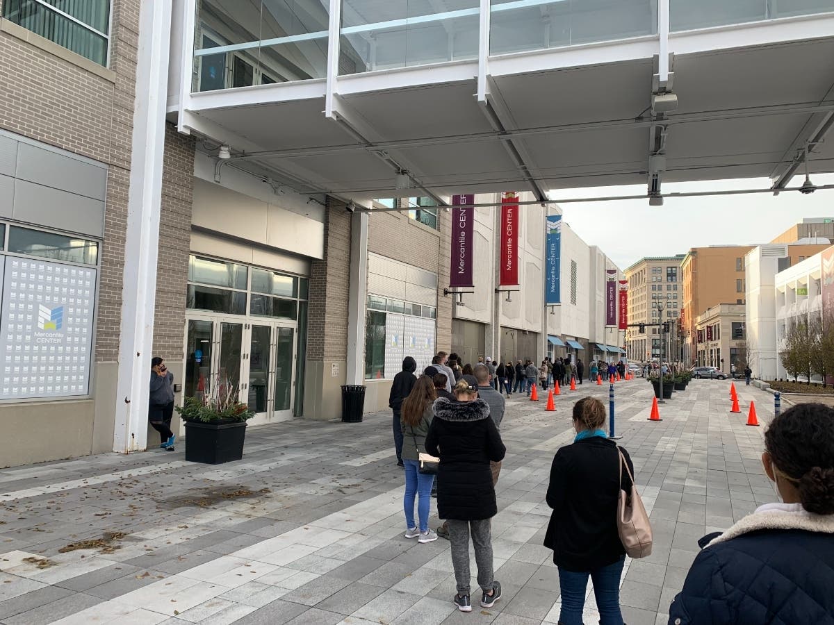 A recent line outside the Mercantile Center coronavirus testing site in Worcester. 