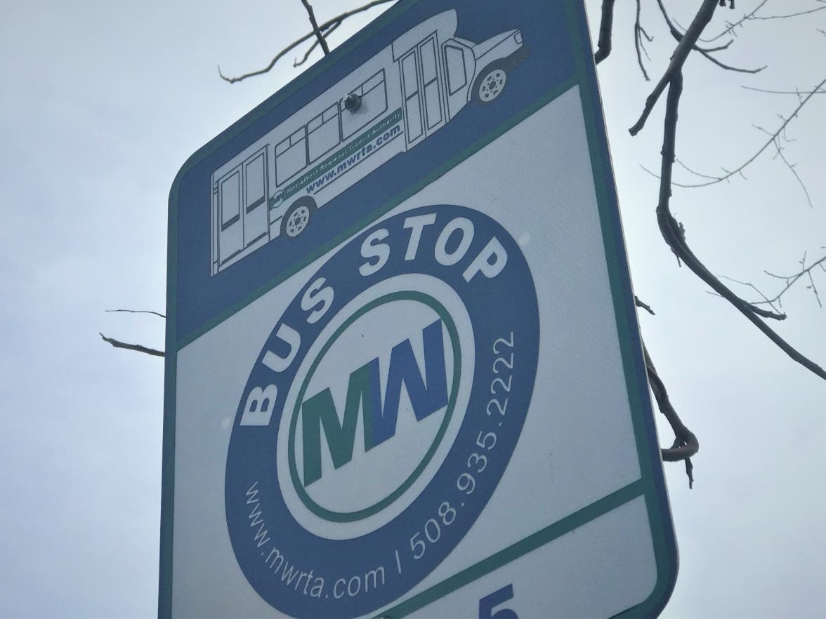 A MWRTA Route 5 bus stop in Ashland. The route will see reduced hours beginning Jan. 31. 