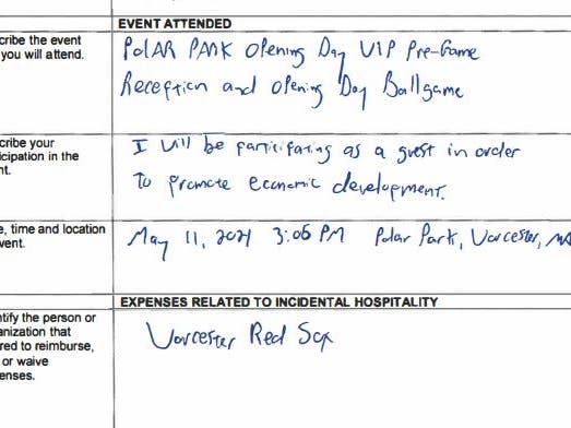 One of about a dozen conflict of interest forms filed by city councilors and Worcester employees after a VIP event at Polar Park in May 2021. 