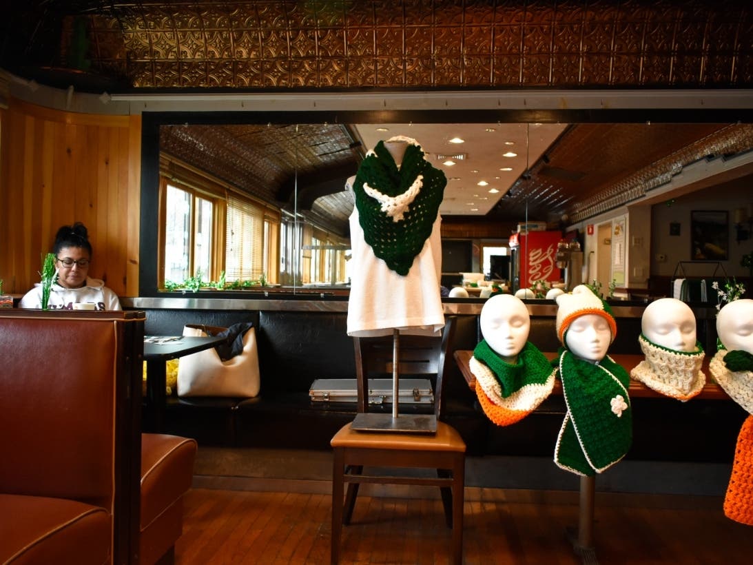 Olga Campbell on March 17, 2020, selling knitted items at Patsie Duggans. 