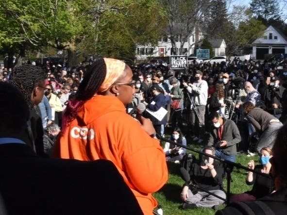 Violence In Boston founder Monica Cannon-Grant at a 2021 rally in Hopkinton for Mikayla Miller.