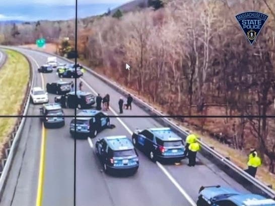 An image from a state police helicopter of where a Mass Pike chase ended Wednesday near Stockbridge.