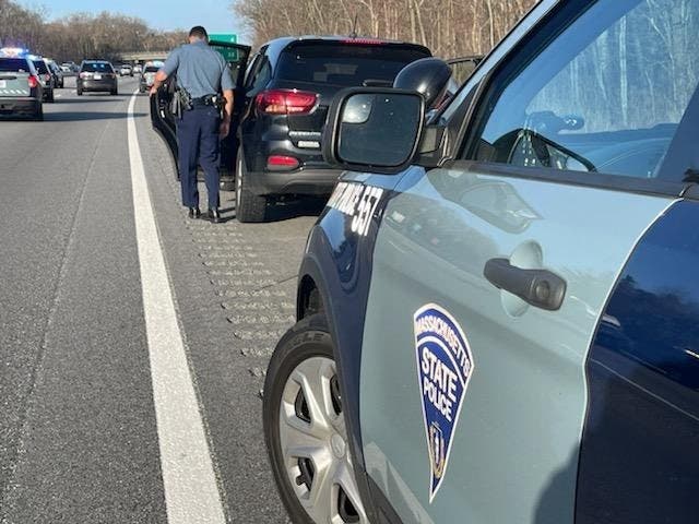 State police used spike strips to stop a driver along the Mass Pike in Framingham on Thursday morning. 