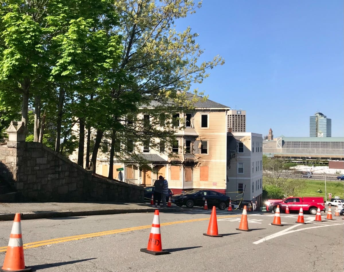 The six-unit building at 2 Gage St. in Worcester that caught fire early Saturday morning. 