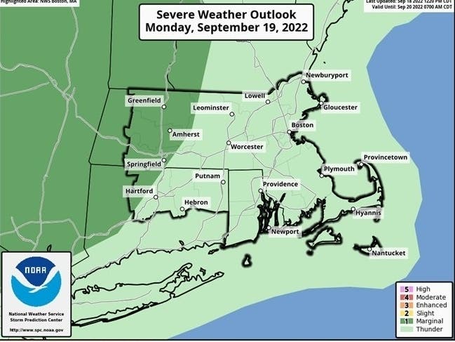 The potential for severe weather Monday is highest in western Massachusetts, but is still a threat for the eastern half of the state. 