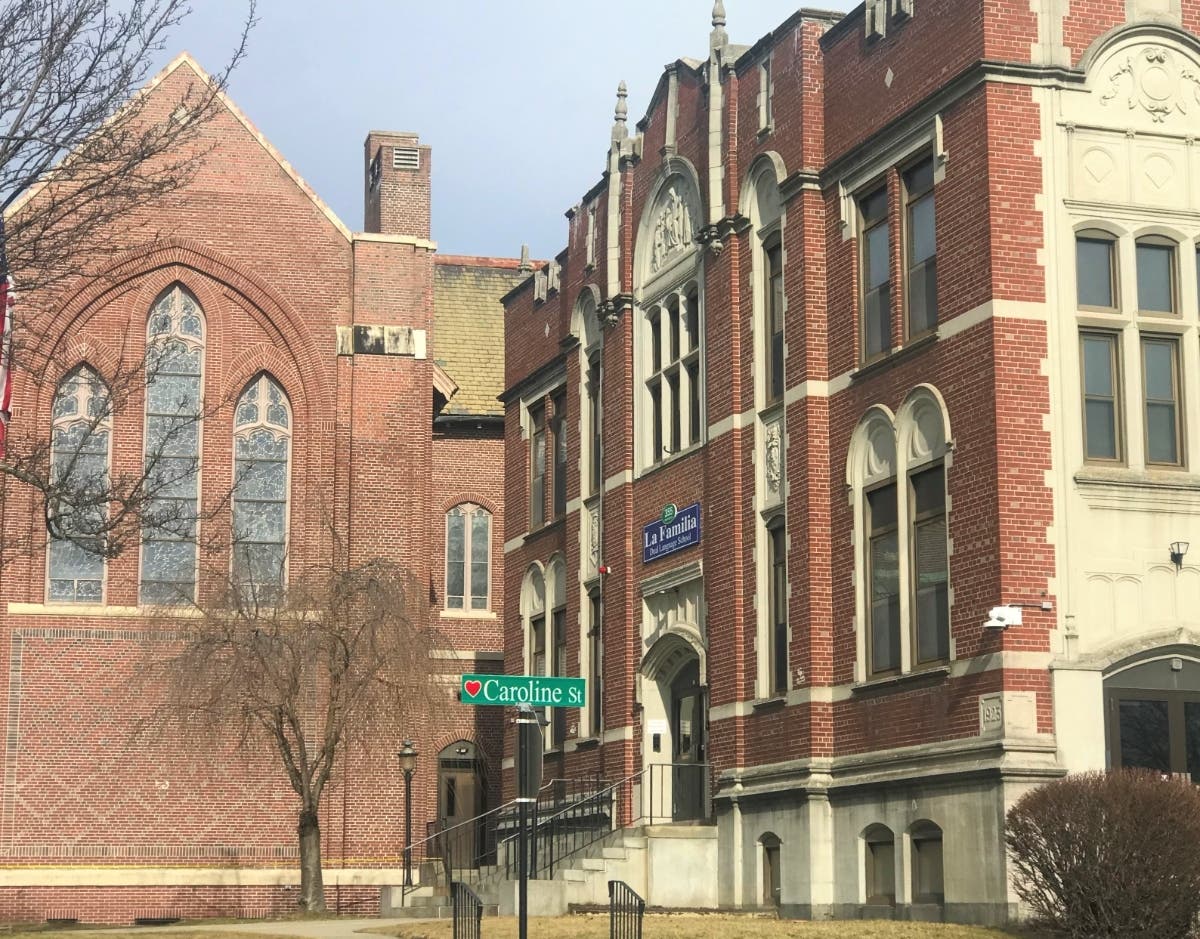 The former Catholic school building that houses the La Familia Dual Language School, whose students have been traveling to a different school for health class — an arrangement meant to appease the Diocese of Worcester. 