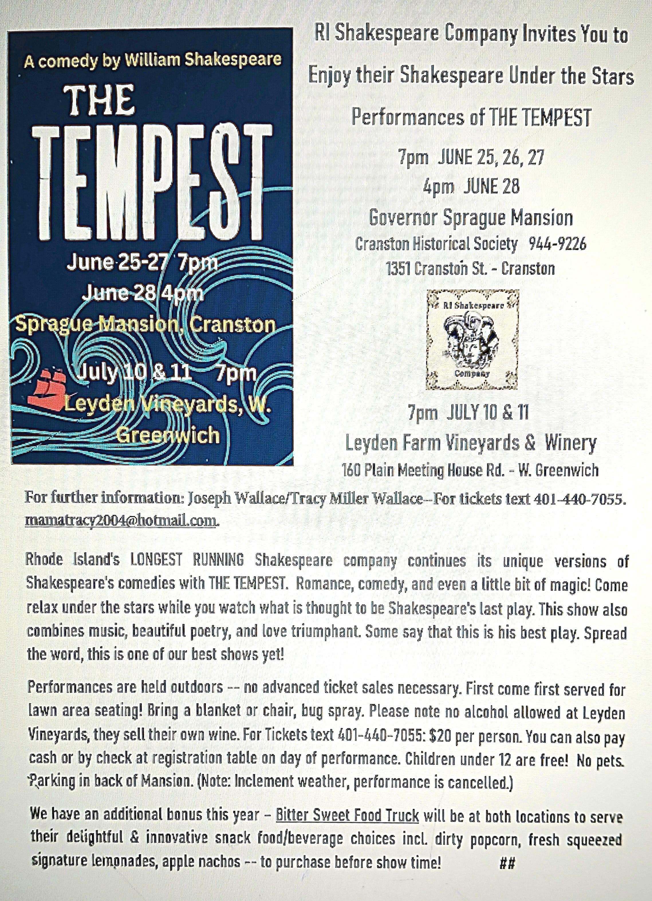 June 25, 26, 27 7pm & June 28 4pm Shakespeare Under the Stars THE TEMPEST