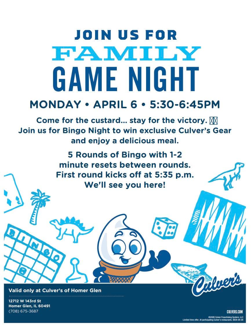 Family Game Night @ Culver's in Homer Glen Monday April 6, 2026 from 5:30 pm - 6:45 pm