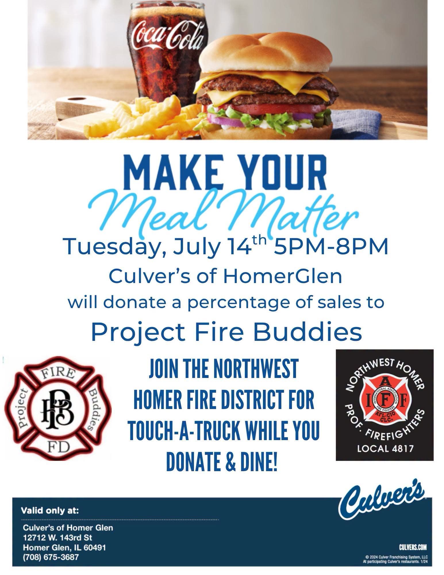 Northwest Homer Project Fire Buddies Benefit July 14, 2026 from 5 - 8 pm @ Culver's Homer Glen