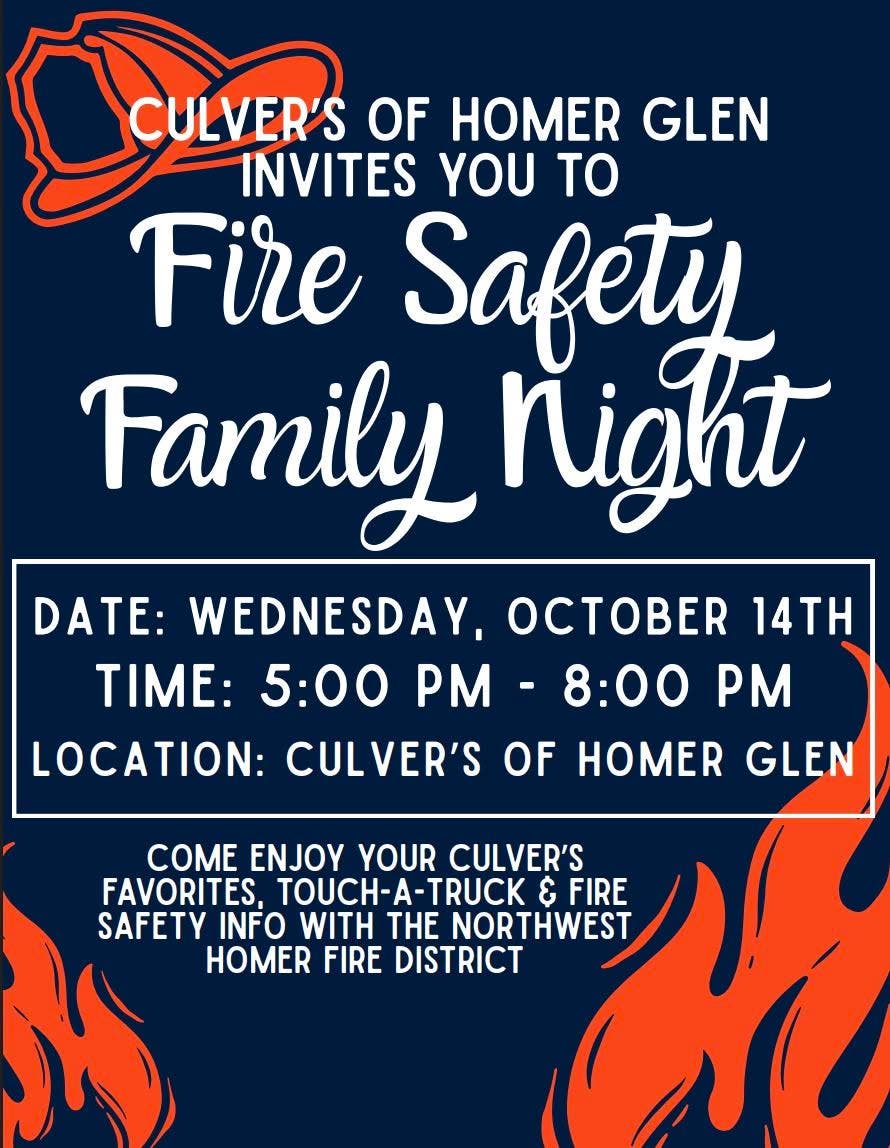 You're Invited to Family Fire Safety Night Tonight 10-14-26 @ Culver's in Homer Glen