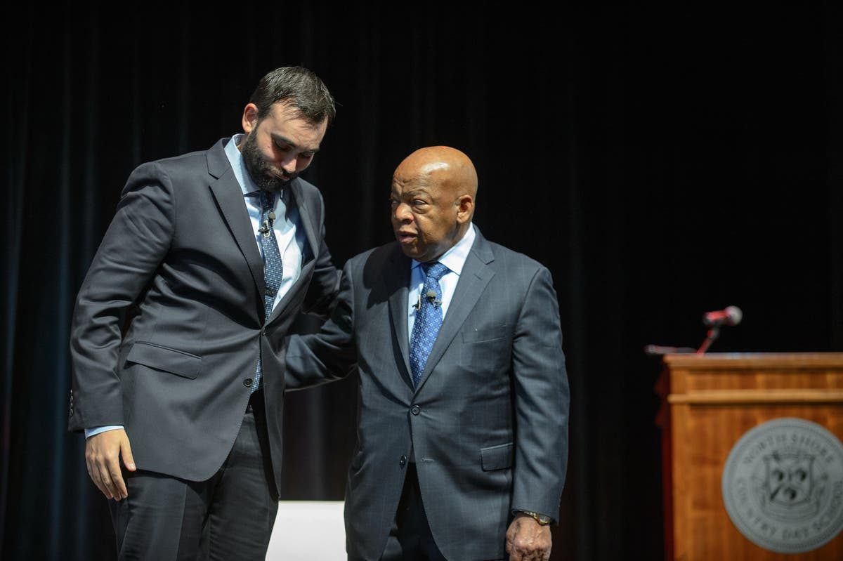 Andrew Aydin and Rep. John Lewis at North Shore Country Day School in Winnetka