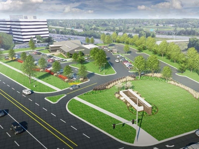 A rendering shows a proposal for a recreational marijuana dispensary seeking permission to open at the corner of Skokie Boulevard and Dundee Road in Northbrook.