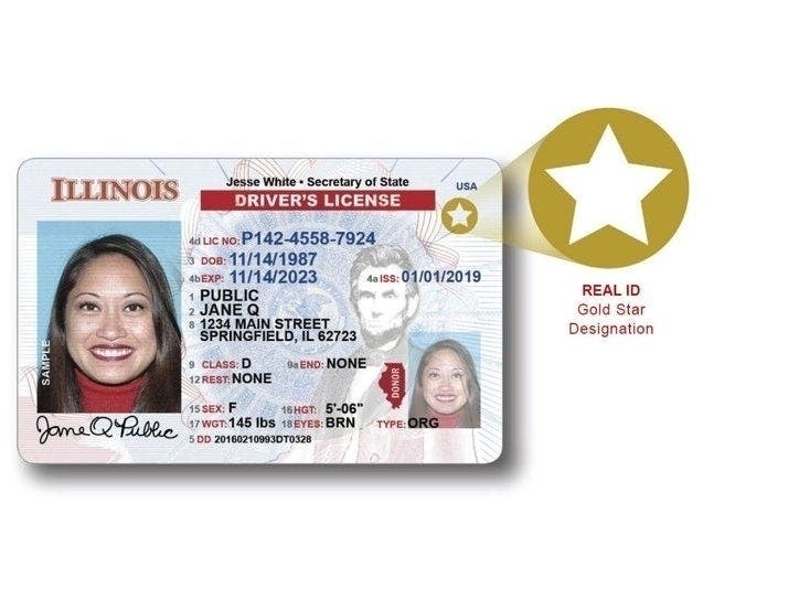 A sample of the Illinois REAL ID that residents will need to board a domestic flight without a passport starting Oct. 1, 2020..