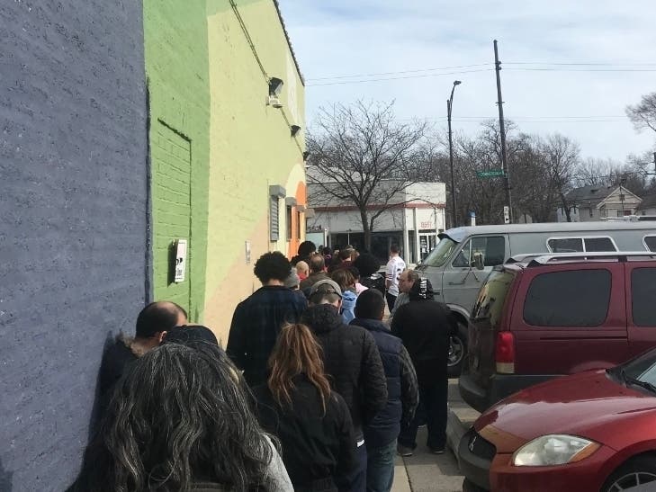 Cannabis customers line up outside Mission Dispensary, about 3 miles from the Indiana border, in Chicago's South Shore neighborhood.