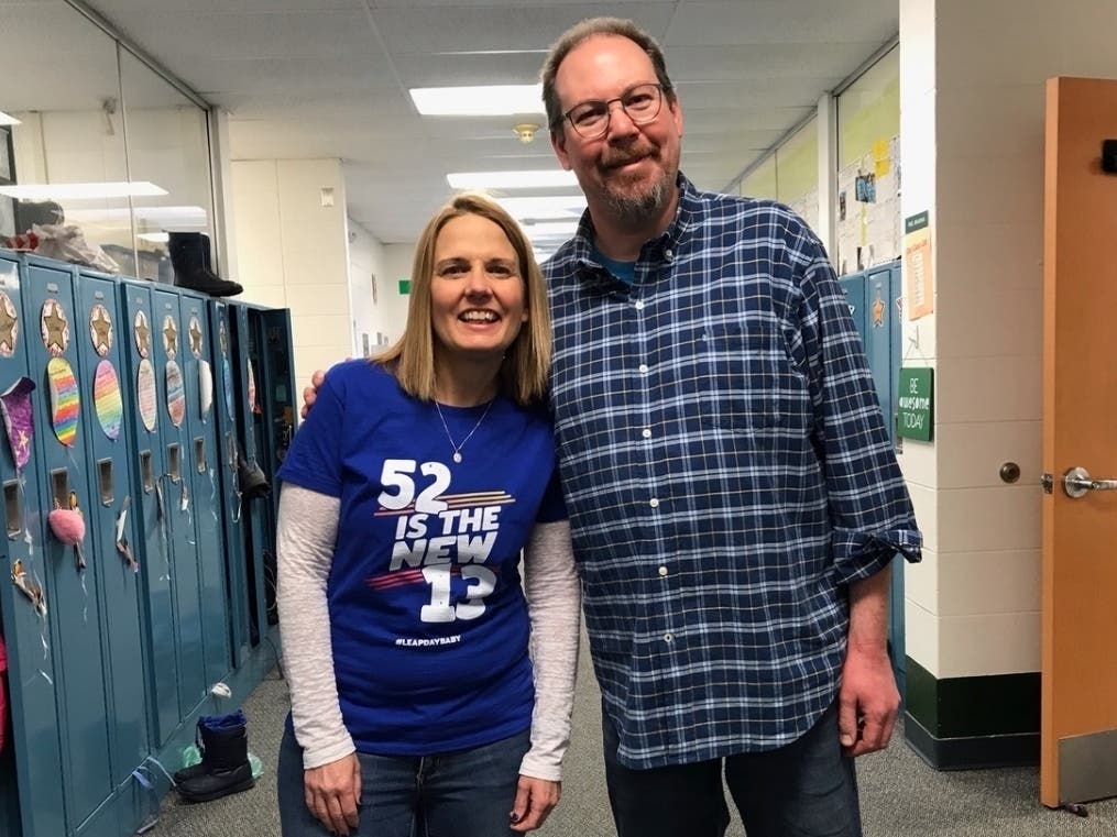 Willowbrook Elementary School fourth grade teacher Jennifer Lund and music teacher Kurt Barker prepare to celebrate their quadrennial birthdays.