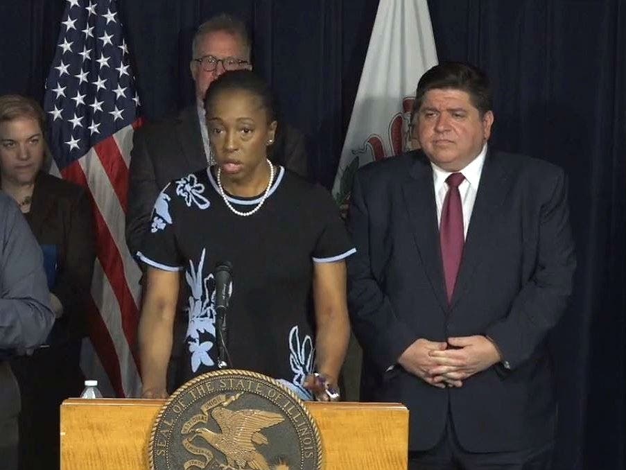 Illinois Department of Public Health director Dr. Ngozi Ezike speaks at a press conference Monday afternoon at the Thompson Center in Chicago.