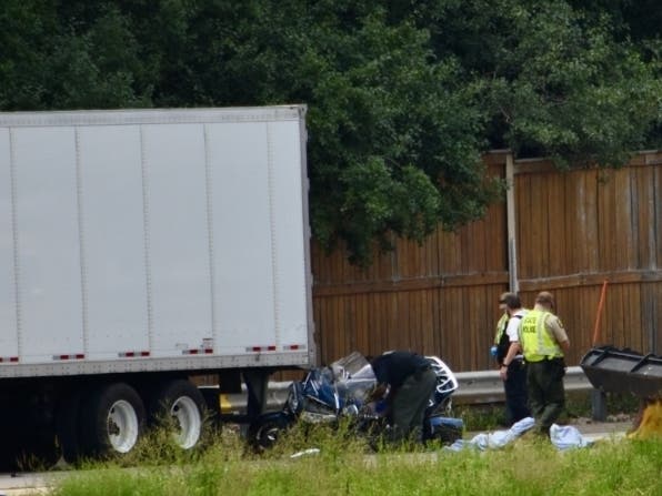 State police said a biker veered onto the shoulder and rear-ended a tractor-trailer Wednesday on eastbound Interstate 94 at the Lake Forest Oasis.