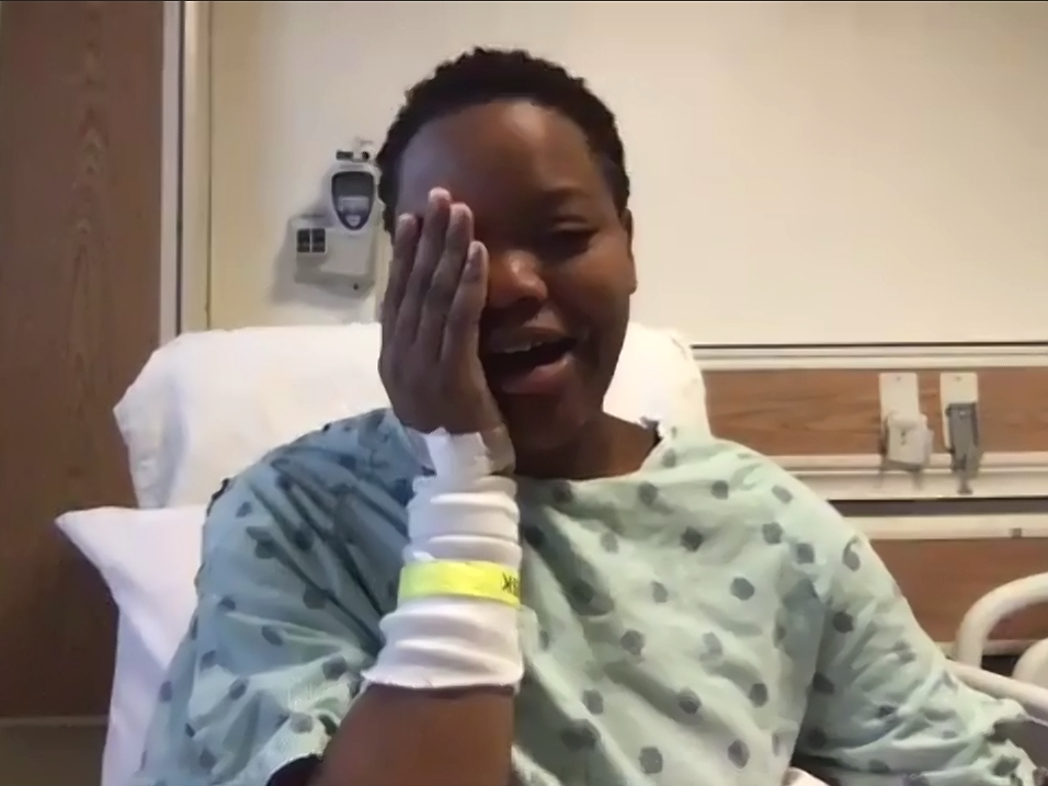Tafara Williams speaks to reporters from her hospital bed during a Zoom meeting Tuesday, Oct. 27, 2020, in Libertyville..