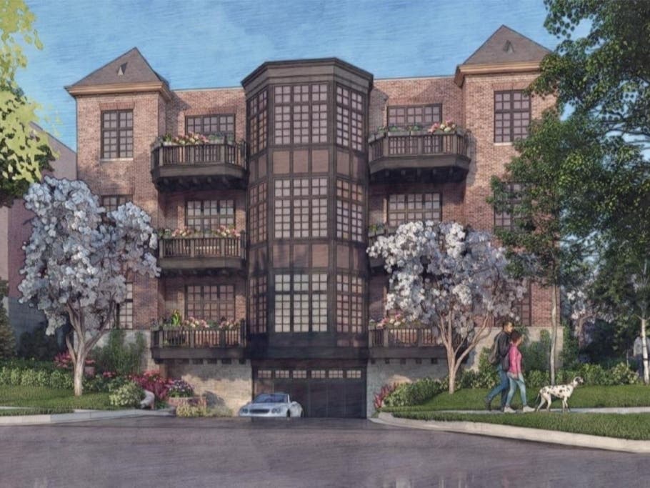 An architectural rendering shows plans for a five-unit residential development in the 600 block of Green Bay Road.