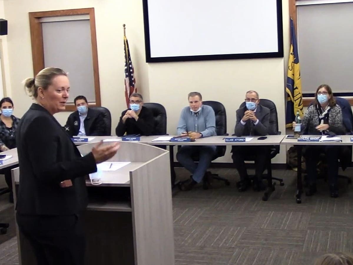 Incoming East Dundee Village Administrator Erika Storlie makes remarks at Monday's village board meeting after being sworn in.