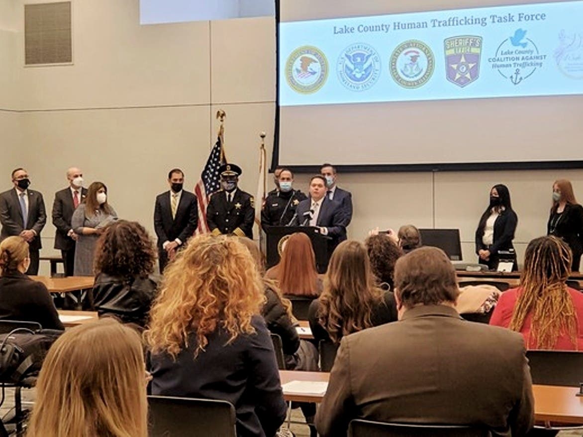 Lake County State's Attorney Eric Rinehart speaks at a news conference Wednesday alongside U.S. Attorney John Lausch, A Safe Place CEO Pat Davenport, Lake County Sheriff John Idleburg and several other law enforcement officials.