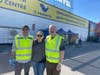 Mike Foley (right) is pictured with his stepdaughter, Evelina, and his friend, Gabe Arana, outside a refugee center in Przemysl.