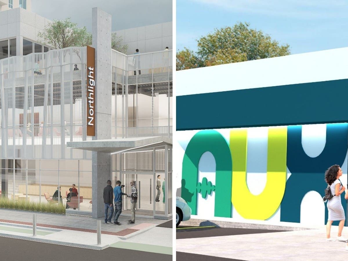 Renderings show plans for Northlight Theatre's proposed 300-seat theater, at left, on Church Street in downtown Evanston and The Aux, at right, a proposed commercial hub in the 2nd Ward dedicated to racial equity and wellness.