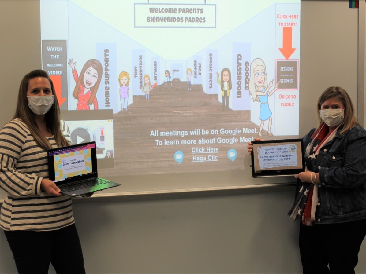 Troy Community School District 30-C EL Specialists Melissa Congoran and Arlene Roderick demonstrate some of what parents saw at the district’s recent EL Parent Night, held virtually for parents of English Learners.